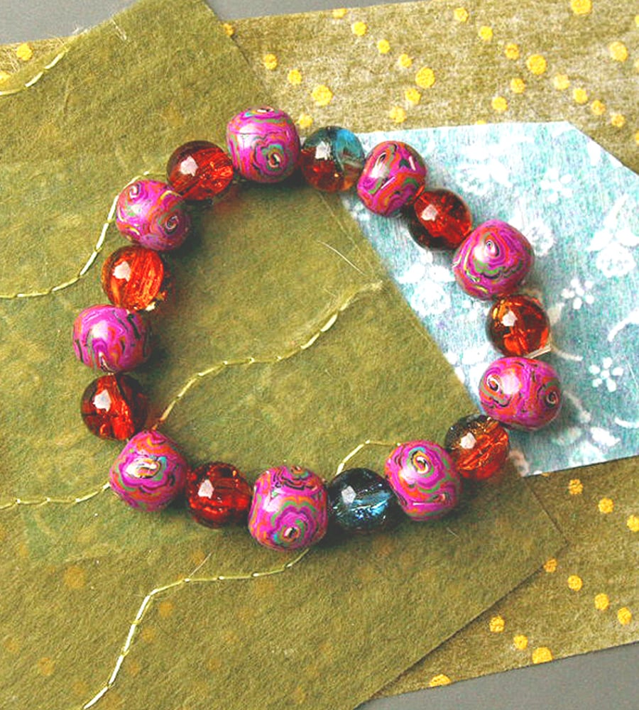 Bead Bracelet - Handmade Polymer Clay Beads - Pink Bracelet