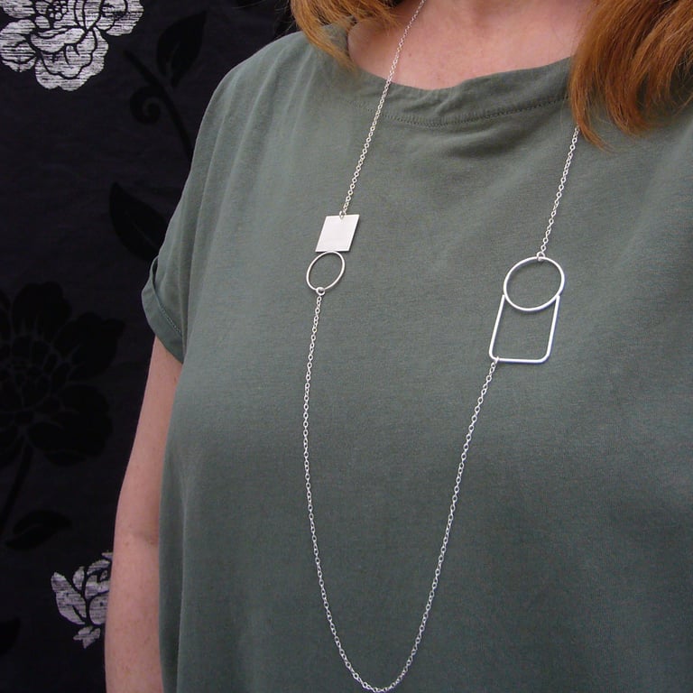 Recycled sterling silver double circle & square necklace - wire jewellery 