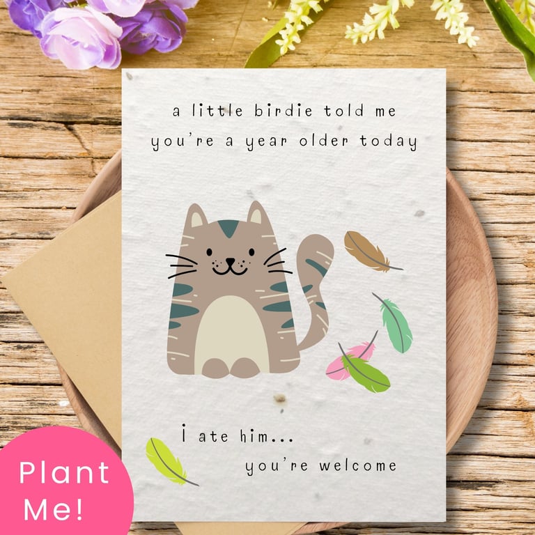 Funny Cat Birthday Card With Plantable Seed Paper, Eco Friendly Card