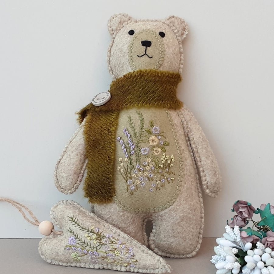 Scandi teddy bear & heart, woodland one of a kind bear, hand sewn gift