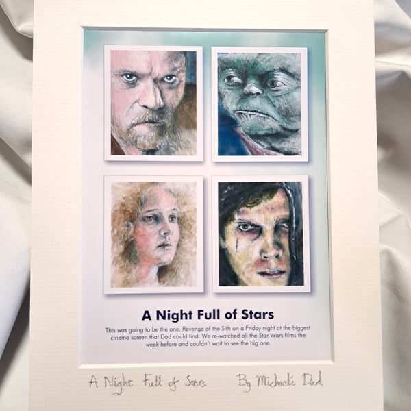 Original hand painted watercolour print Star Wars at the cinema