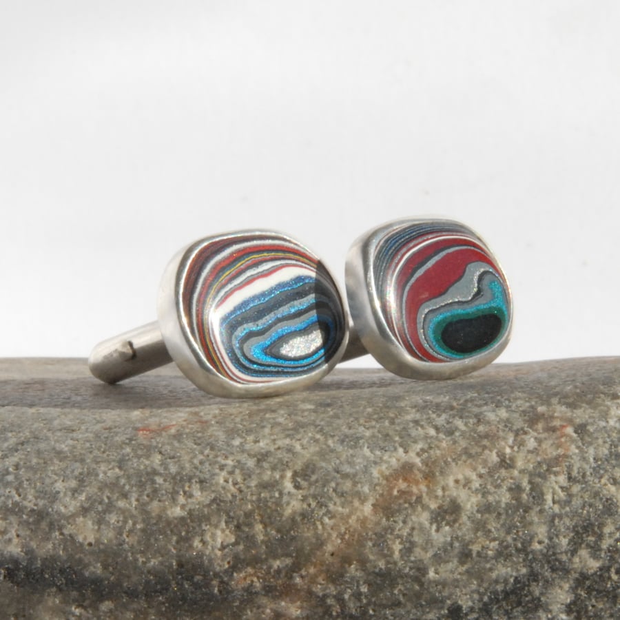 Oval Harley fordite and sterling silver swivel cufflinks