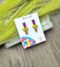 Geometric Polymer Clay Earrings - Purple Shimmer and Chartreuse Dangles - Image 7