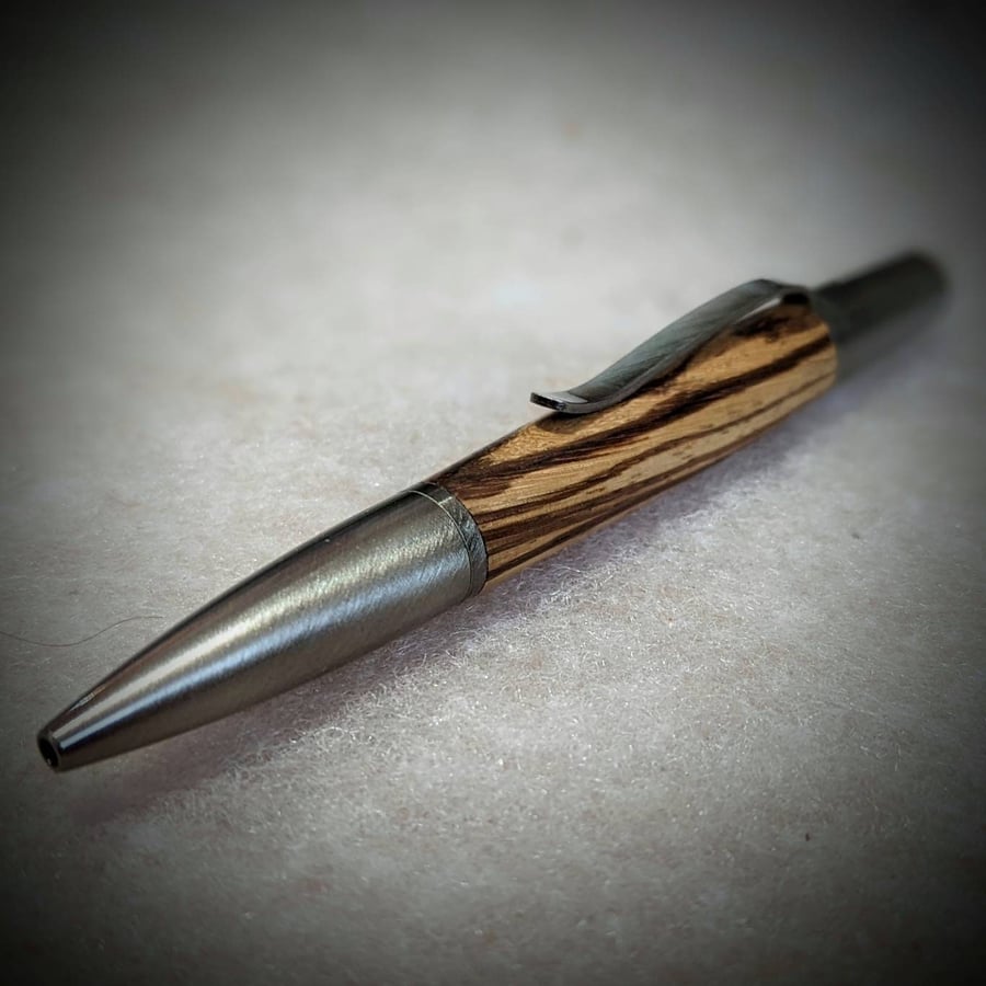 Handmade zebrano Ares ballpoint wooden pen with brushed chrome fittings