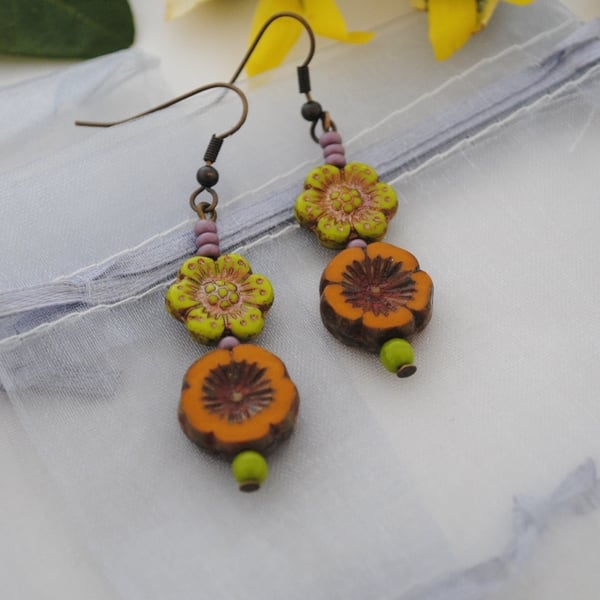 Orange & chartreuse peony flower earrings