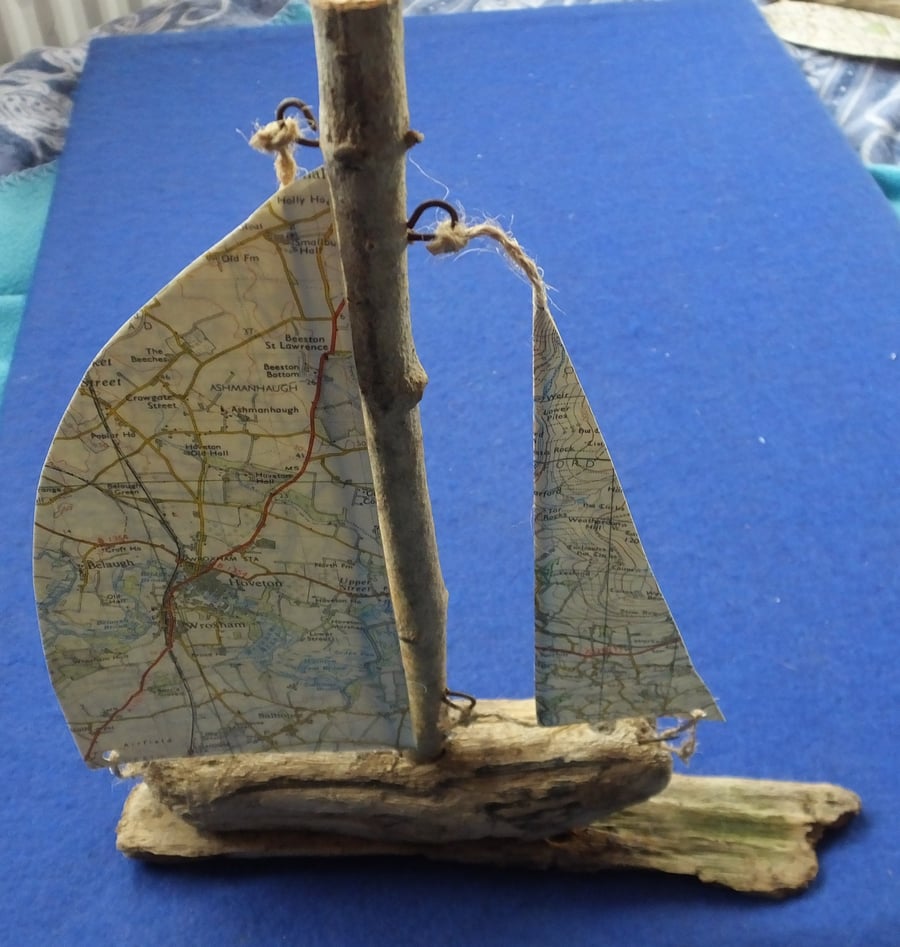 Cornish driftwood sailing ship yacht ordnance survey map sail decoration