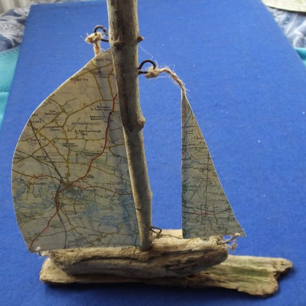 Cornish driftwood sailing ship yacht ordnance survey map sail decoration