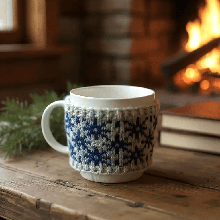Blue flowers hand knit mug cosy