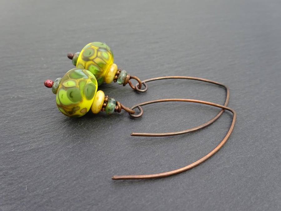 yellow and green lampwork glass earrings, copper jewellery