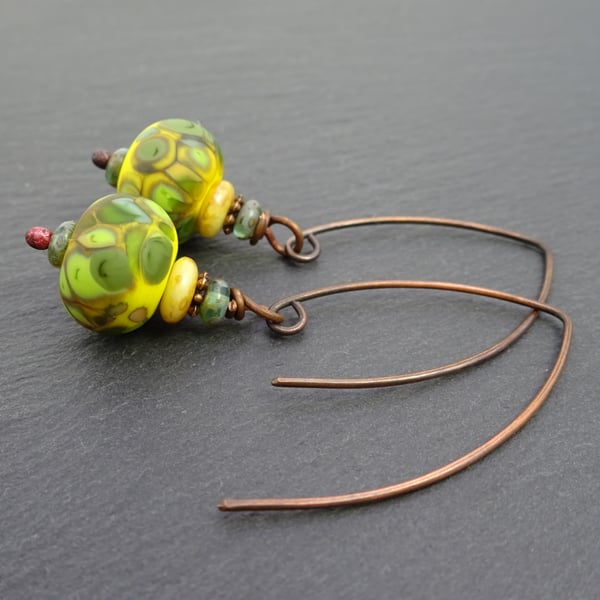 yellow and green lampwork glass earrings, copper jewellery