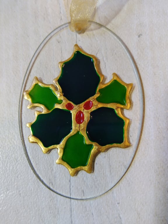 Christmas Holly decoration. Hand painted glass ornament.
