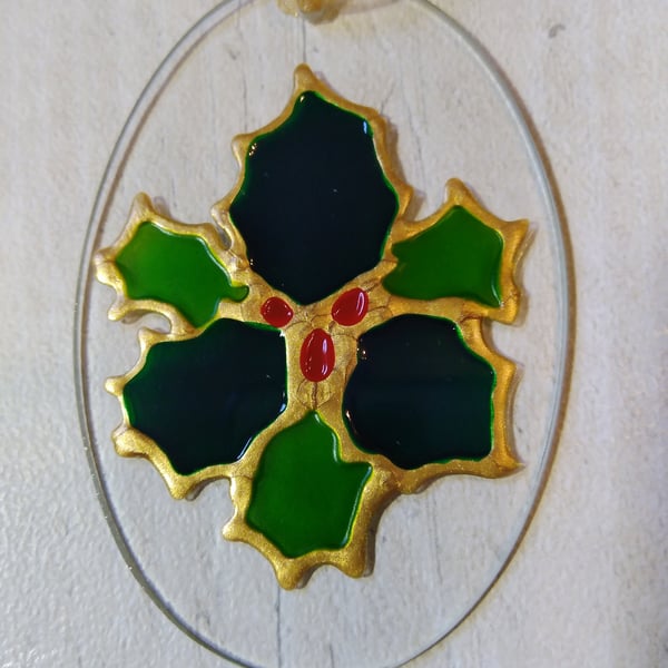 Christmas Holly decoration. Hand painted glass ornament.