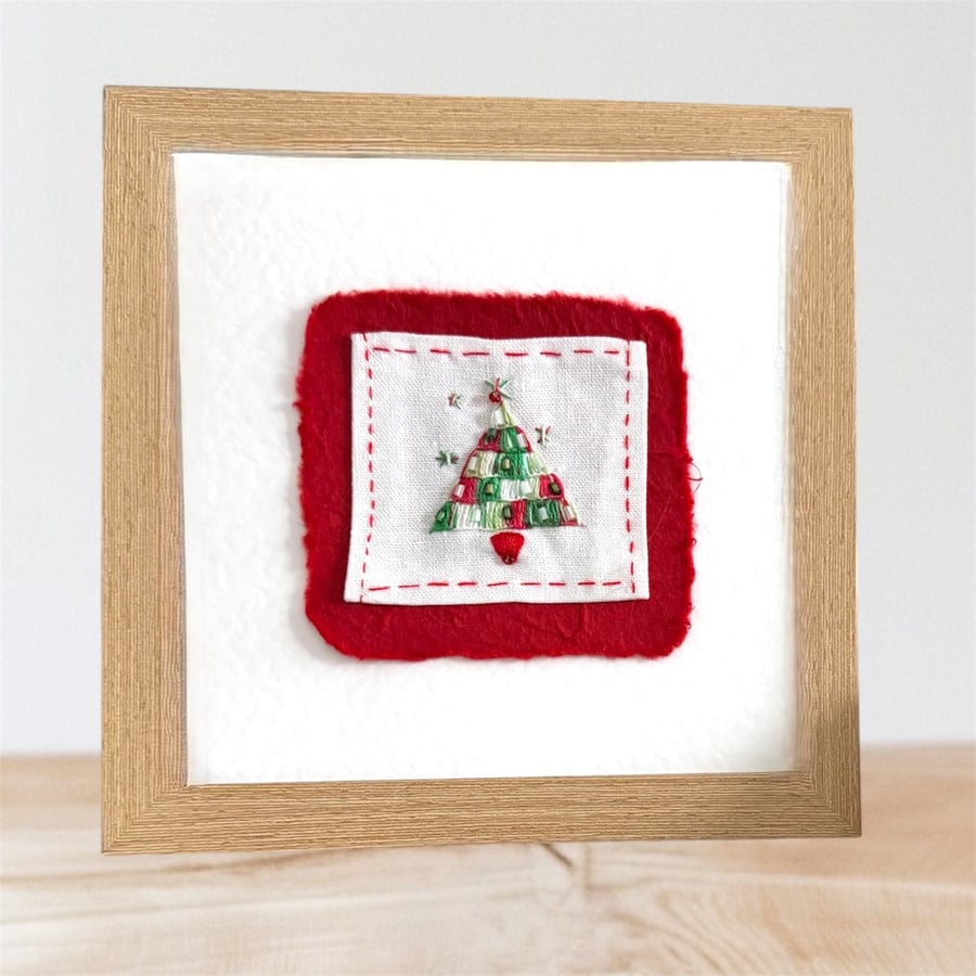 Hand embroidered Christmas card with a bright red and green abstract tree,unique