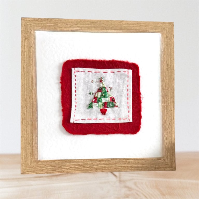 Hand embroidered Christmas card with a bright red and green abstract tree,unique