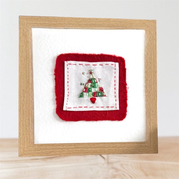 Hand embroidered Christmas card with a bright red and green abstract tree,unique