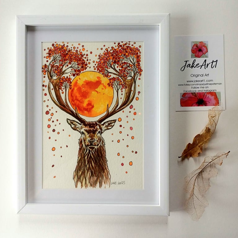 Autumn Stag framed original illustration 