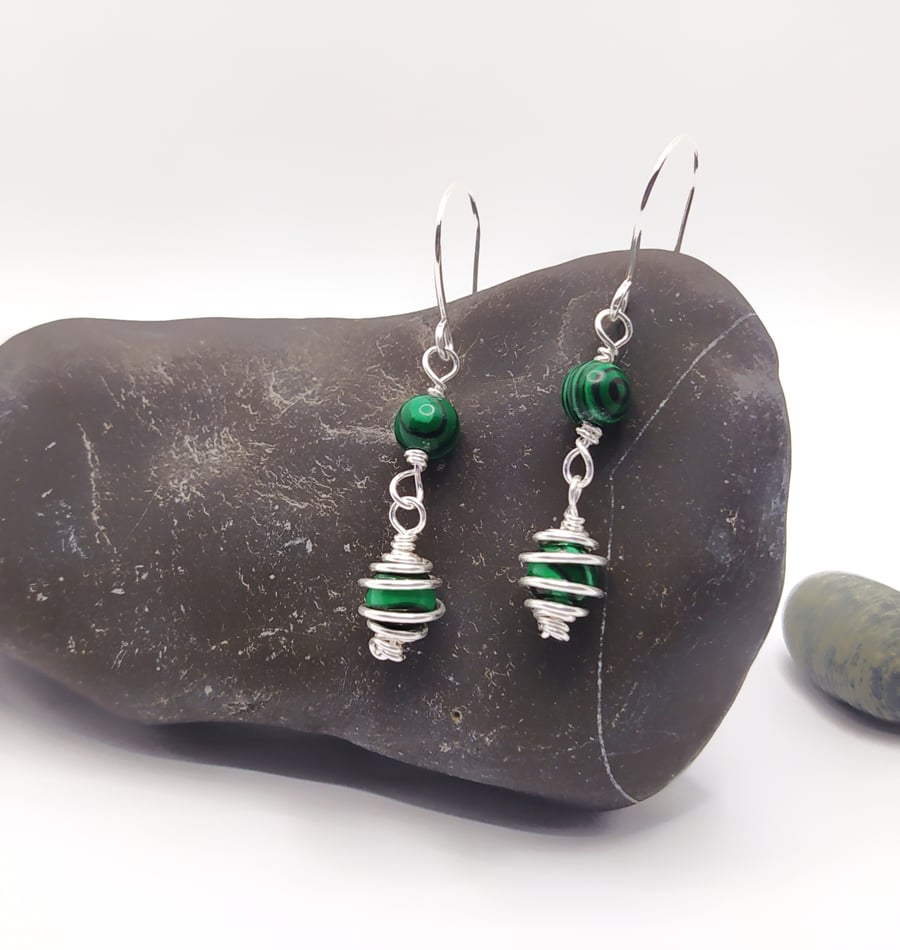 Green Malachite Spiral Drop Earrings 