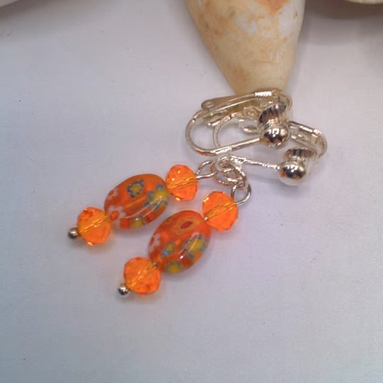 Orange Millefiori Bead and Orange Crystal Clip On Earrings, Gift for Her