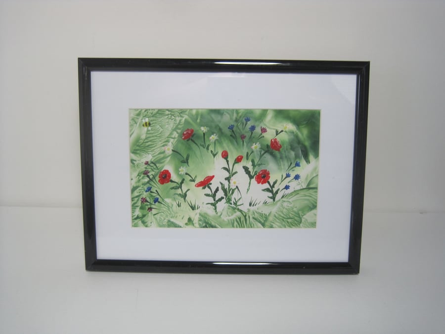 Encaustic Art Bumble Bee and Wild Flowers Original Wax Painting