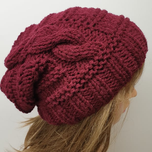 Hand knitted slouchy hat in burgundy for women