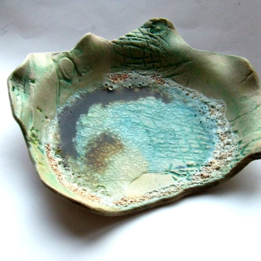 Colourful glass base ceramic dish