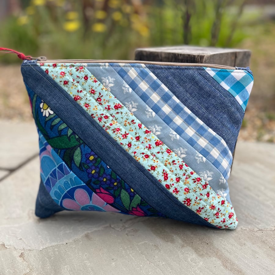 Denim and scraps quilted large soft pouch