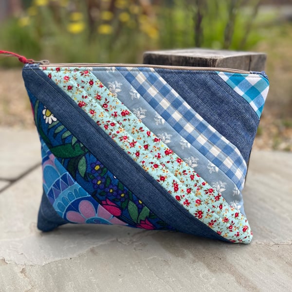 Denim and scraps quilted large soft pouch