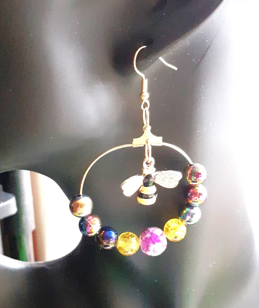 Handmade Bee Hoop Earrings – Vibrant Beaded Design, Nature-Inspired Jewelry for 