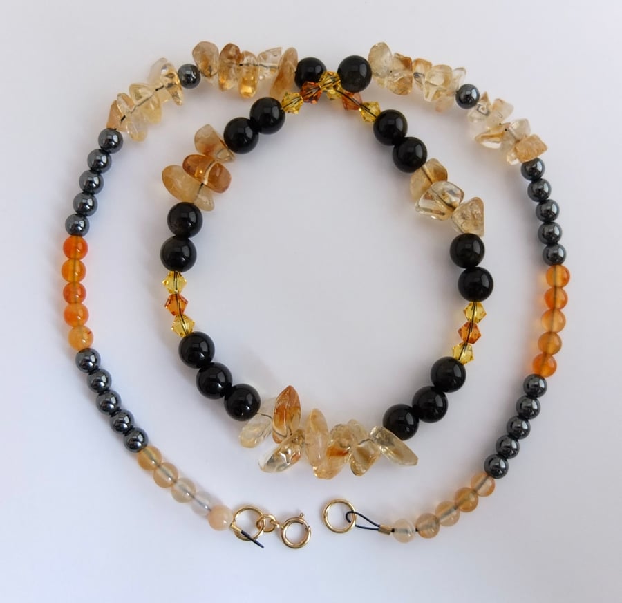 Citrine, Obsidian, Swarovski "Topaz" Crystal, Carnelian and Hematite Necklace.