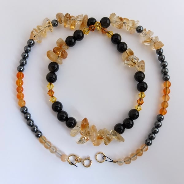 Citrine, Obsidian, Swarovski "Topaz" Crystal, Carnelian and Hematite Necklace.