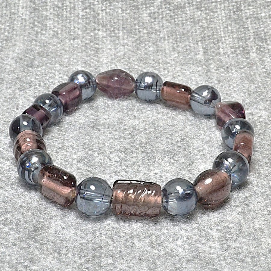 Silver-Grey Chunky Glass and Mixed Translucent Plum Bead Elastic Bracelet