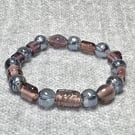 Silver-Grey Chunky Glass and Mixed Translucent Plum Bead Elastic Bracelet