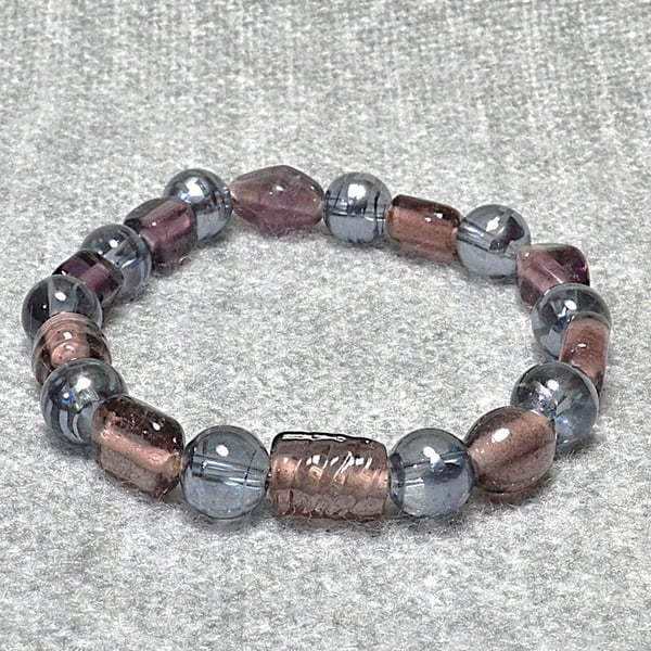 Silver-Grey Chunky Glass and Mixed Translucent Plum Bead Elastic Bracelet