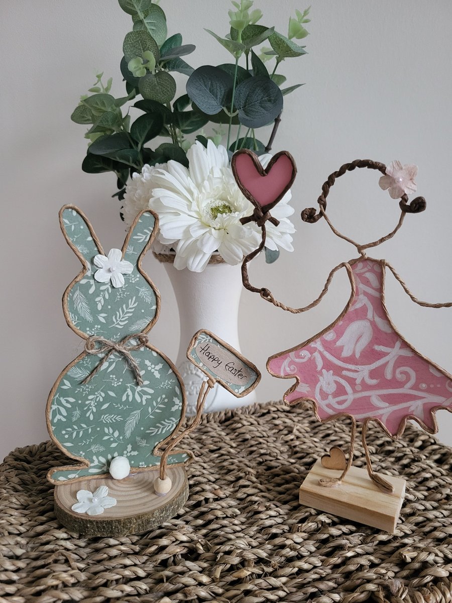 Kraft Paper Wire Figure, Easter Bunny, Girl with Balloon, Gift Ornament