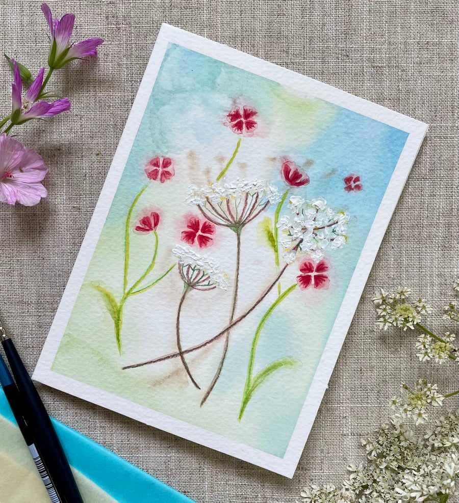Hand painted blank card, wildflowers, all occasion card, one of a kind.