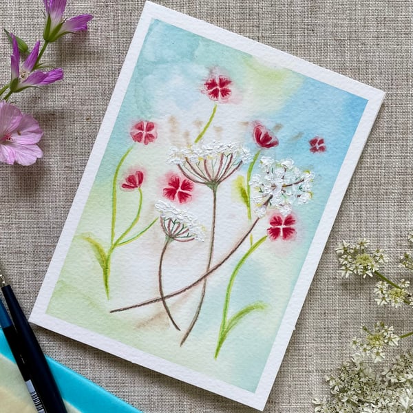 Hand painted blank card, wildflowers, all occasion card, one of a kind.