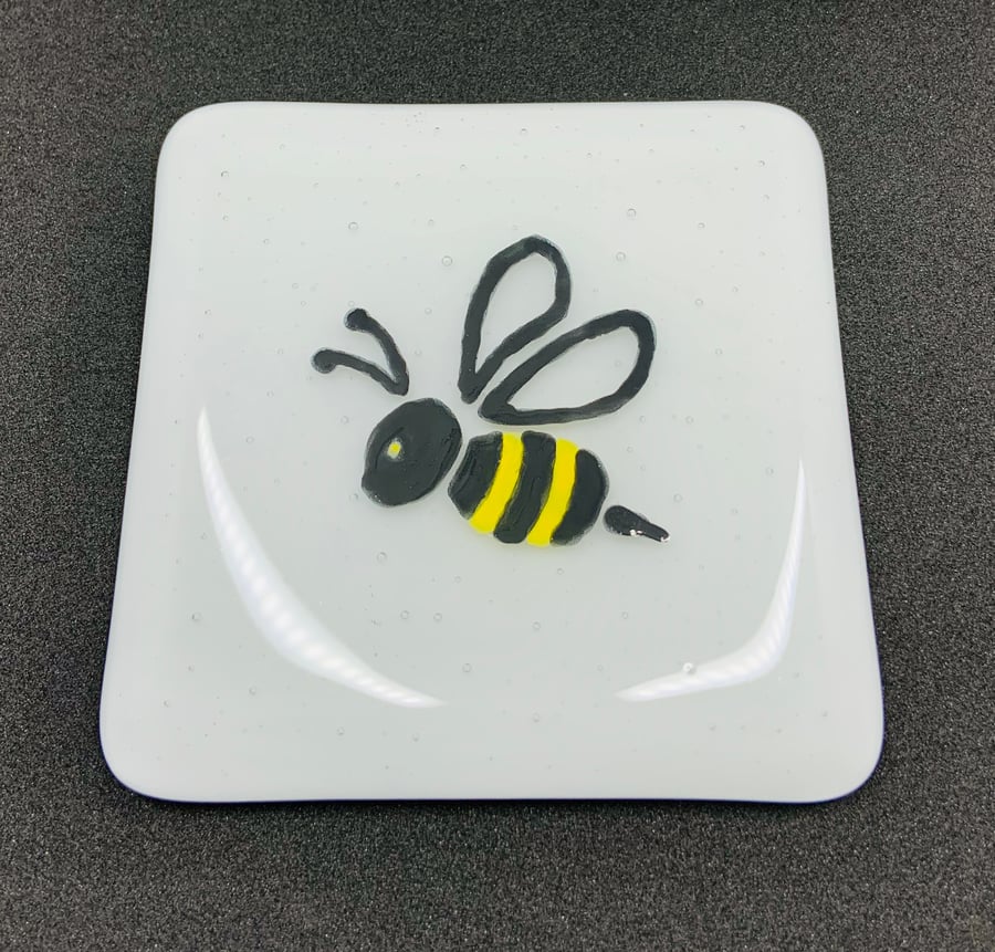 Fabulous White Fused Glass Coaster with cute hand painted bumble bee. 