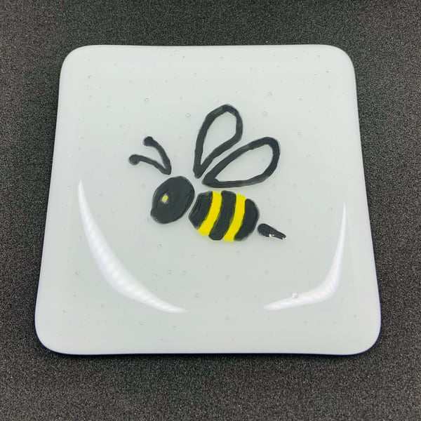 Fabulous White Fused Glass Coaster with cute hand painted bumble bee. 