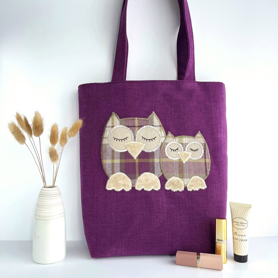 SALE - Purple Tote Bag with Tartan Owls