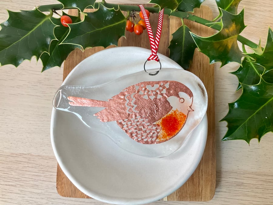 Fused glass red robin hanging decoration