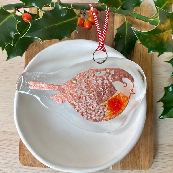 Fused glass red robin hanging decoration