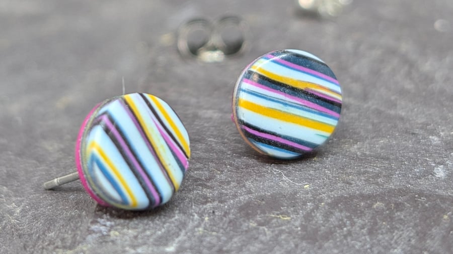 Striped polymer clay studs-magenta blue and ochre