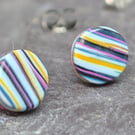Striped polymer clay studs-magenta blue and ochre