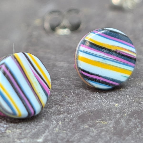 Striped polymer clay studs-magenta blue and ochre