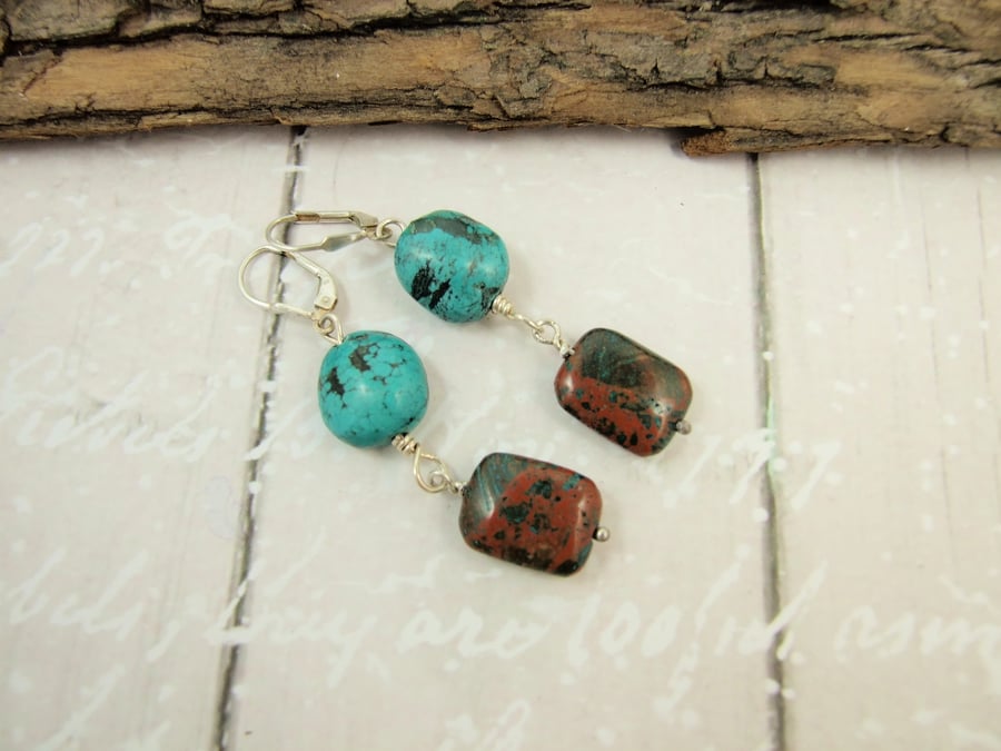Earrings, Sterling Silver, Lever Back with Turquoise and Ocean Jasper