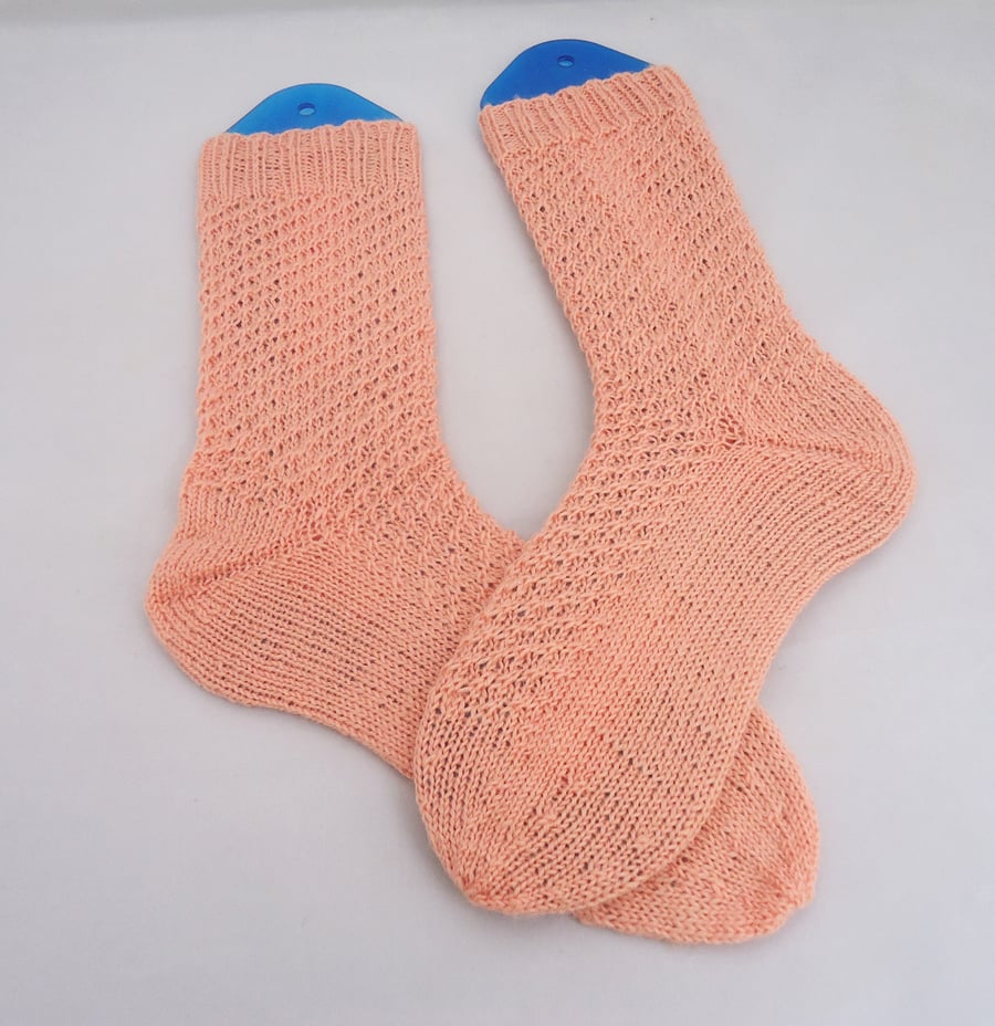 Hand Knit Women Socks, Winter Peach Pink Socks, Wool Socks