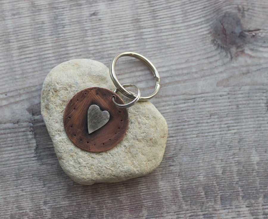 Copper and Silver Folk Heart Circle Keyring, Gift for her