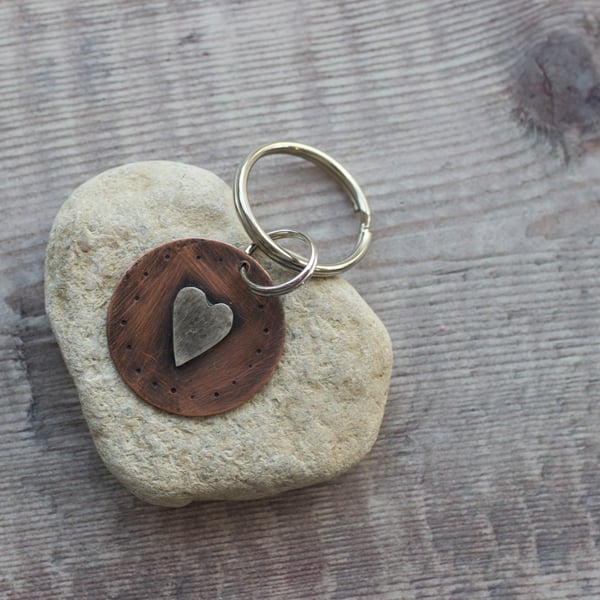 Copper and Silver Folk Heart Circle Keyring, Gift for her