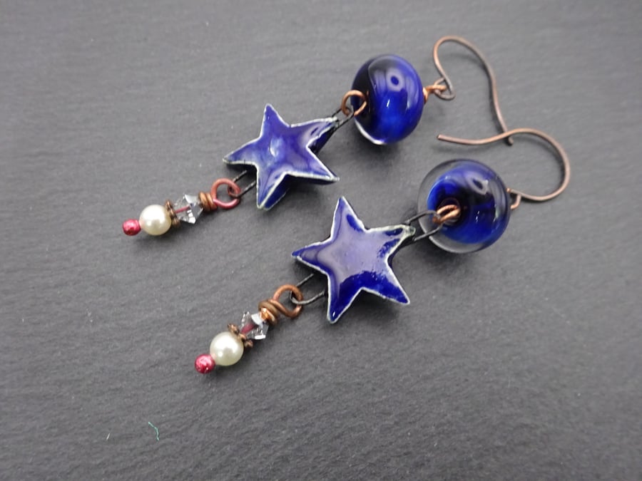 blue star lampwork glass and ceramic earrings, copper jewellery