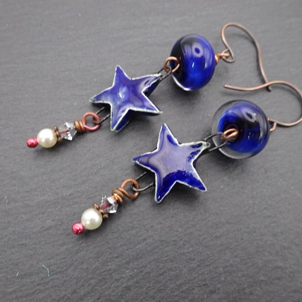 blue star lampwork glass and ceramic earrings, copper jewellery